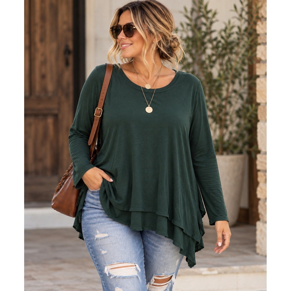 Cupio Blush Tunic Women L Forest Green Earthy Swing Long Sleeve Flowy Top